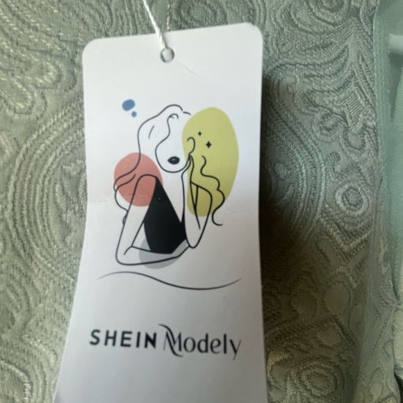 Green Shien Modely Puff Sleeves w Sheer Panel Gold Buttons Shoulder Modest Dress - Picture 5 of 7